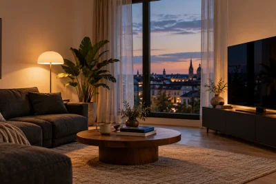 Ein gemütlicher Fernsehplatz in einer Wohnung am Abend.
